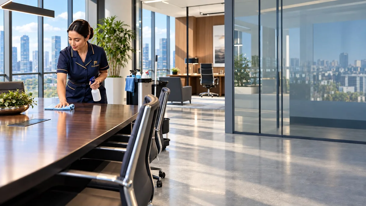 FLAGSHIP team member cleaning a conference table in a modern commercial office