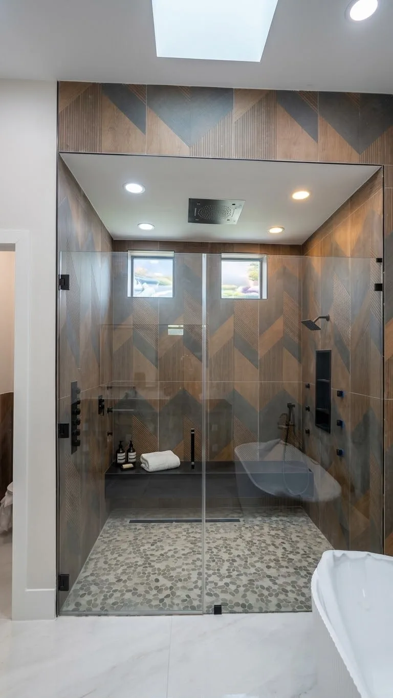 Walk-in shower with chevron tile walls and pebble floor, detailed and ready for turnover