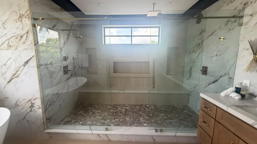 Marble walk-in shower cleaned and finished for final inspection
