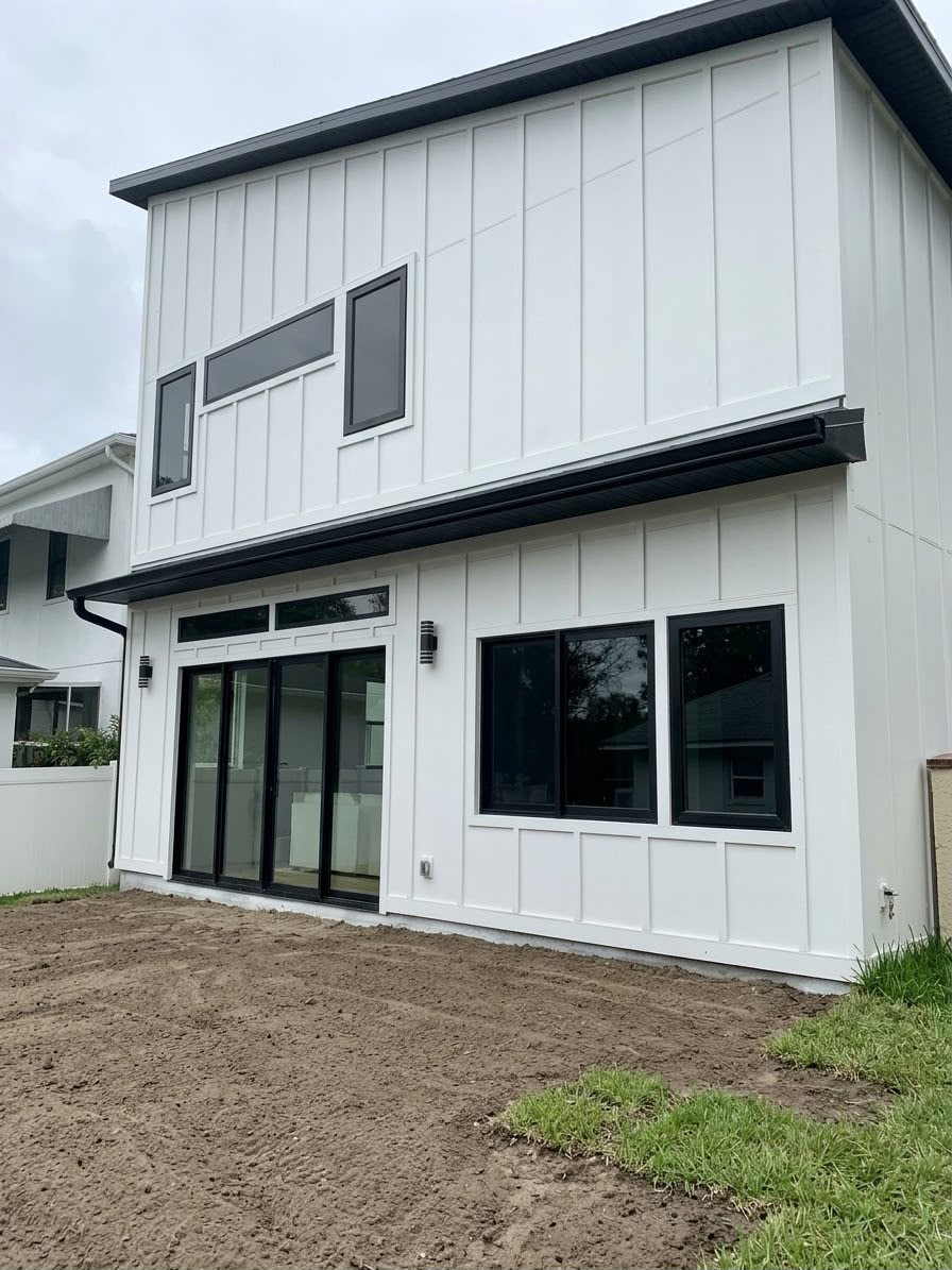 Two-story white panel home exterior with black gutters and sliding glass doors