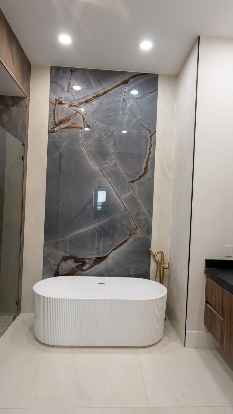 White fluted freestanding tub beneath a gray marble slab accent wall with brass filler