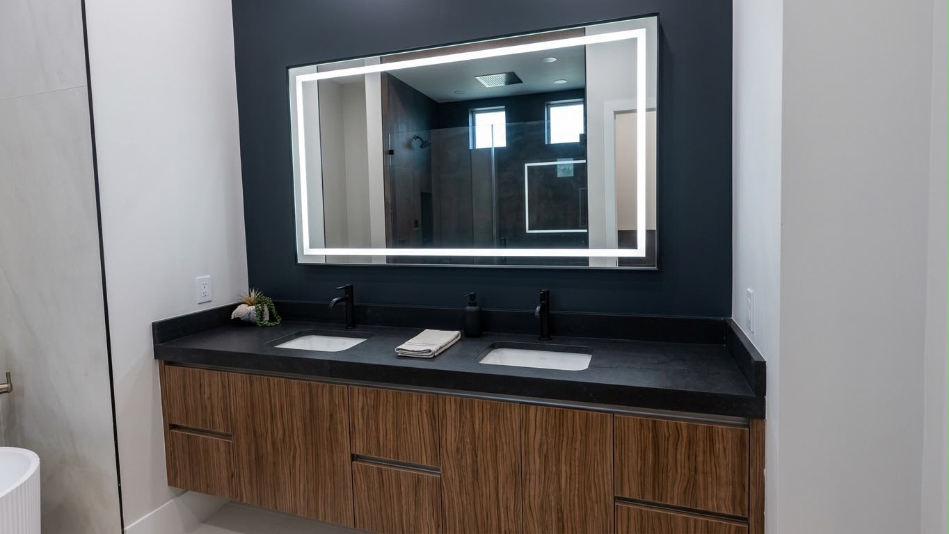 Double vanity with wood cabinets, black stone countertop and backlit mirror on a navy wall