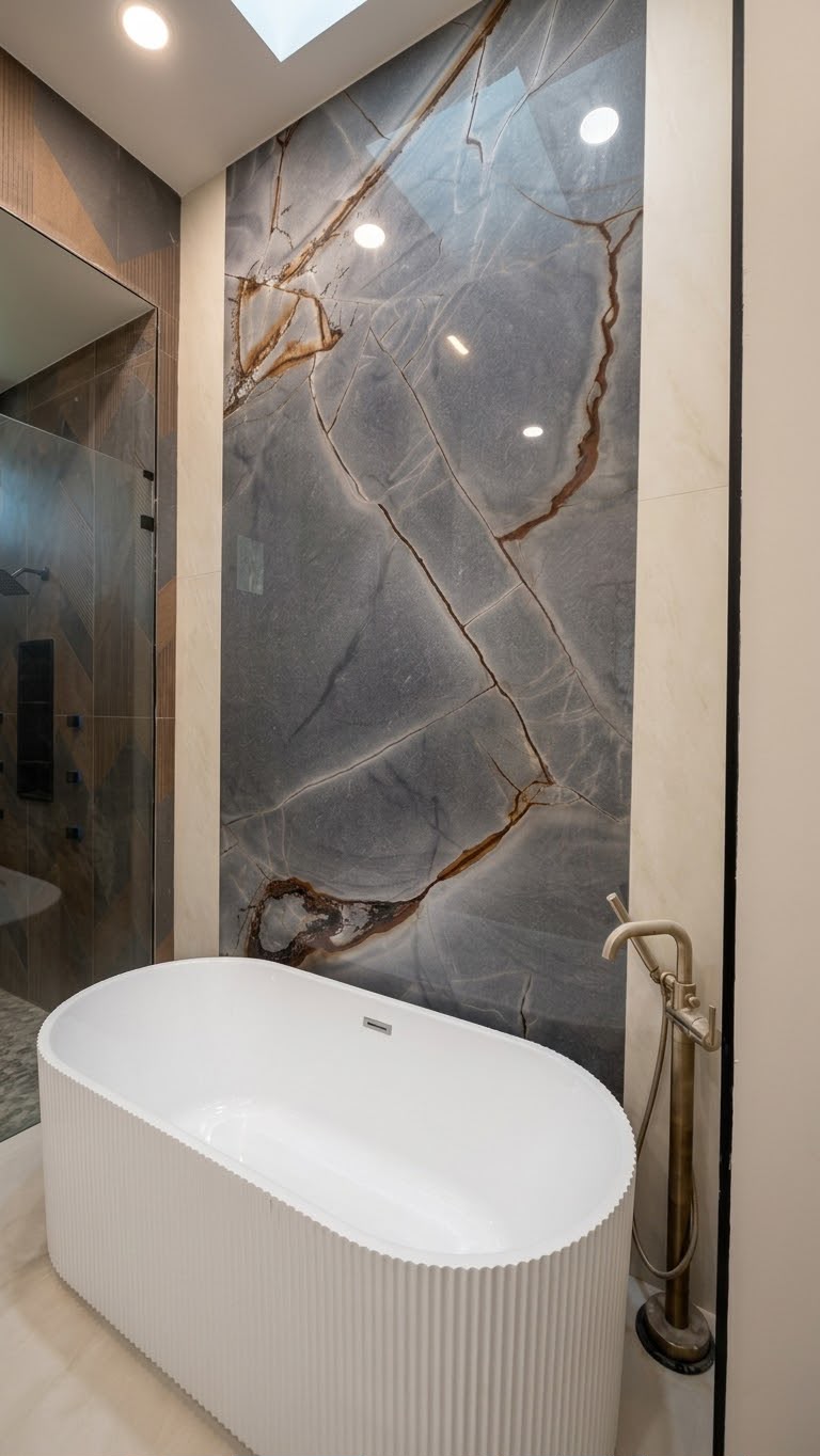 Freestanding white tub against a dramatic gray and bronze marble slab wall with brass faucet