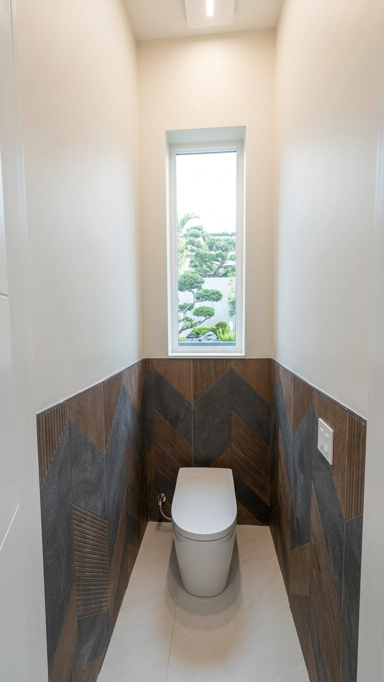 Powder room with chevron tile wainscoting, wall-hung toilet and garden window