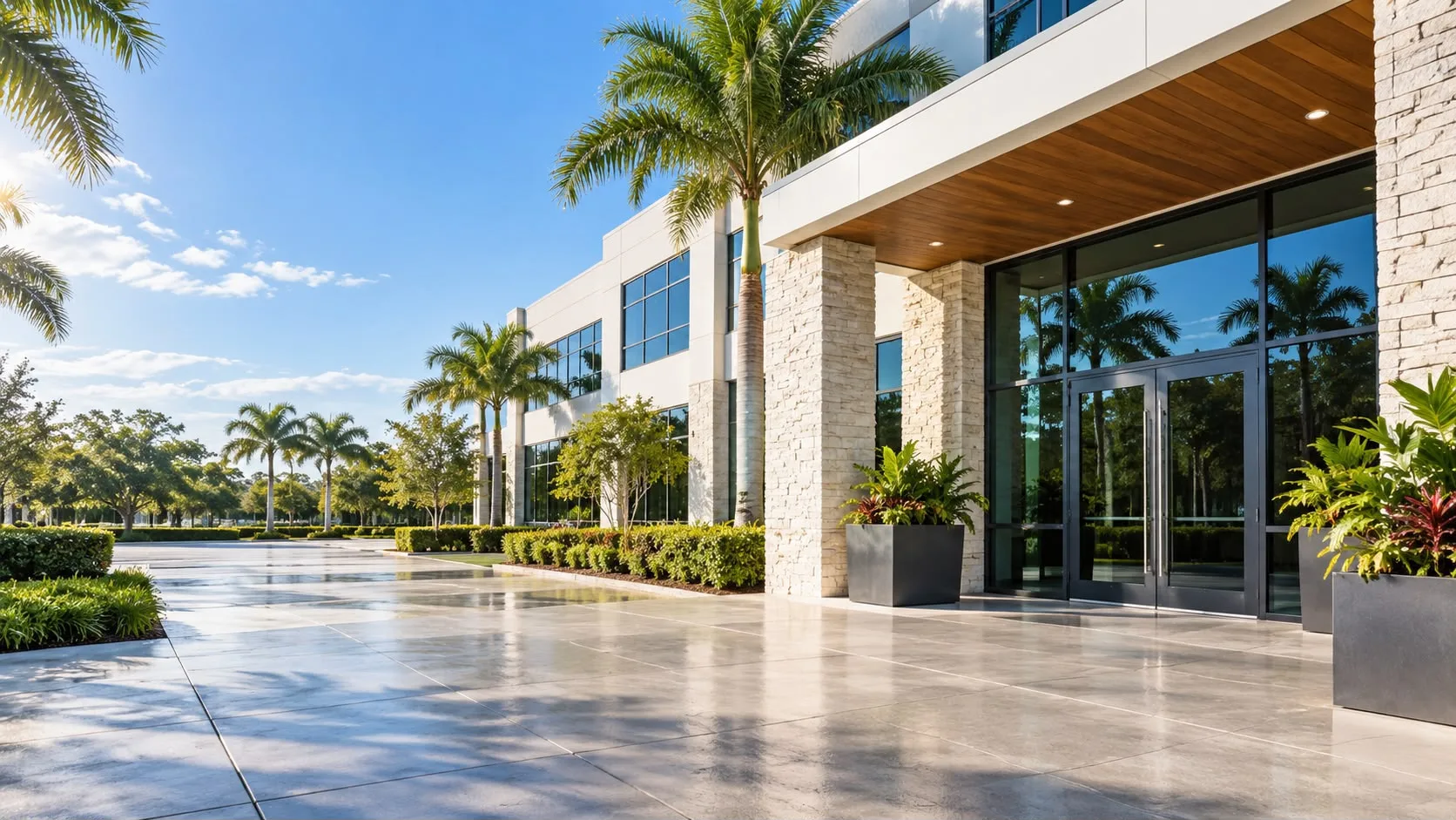 Modern commercial office building entrance with clean glass doors and polished walkway